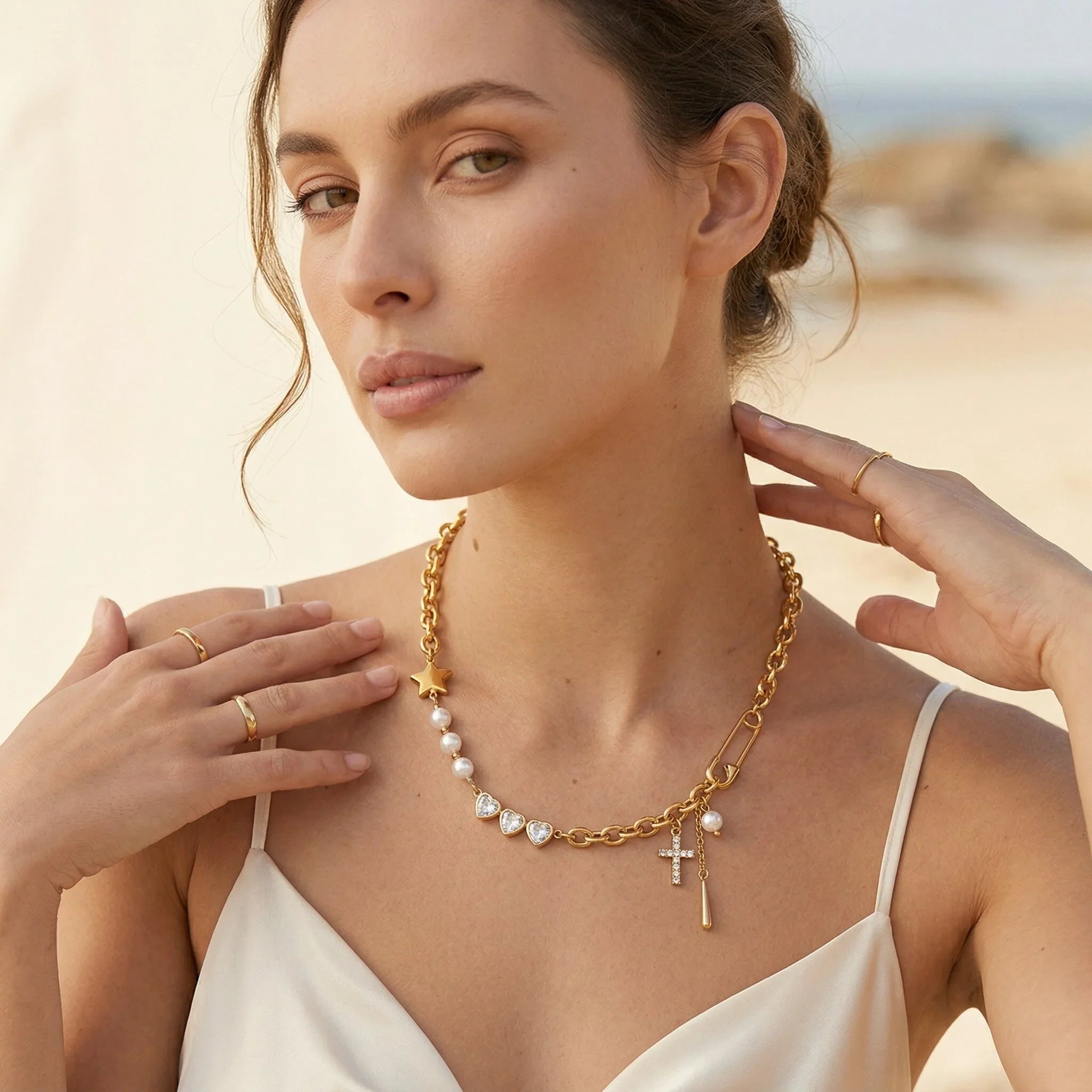Zeraphine Diamond Pearl Gold Necklace Image