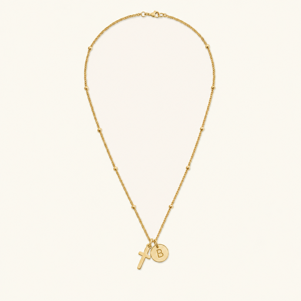 Selah Cross Initial Gold Necklace — Letter B
