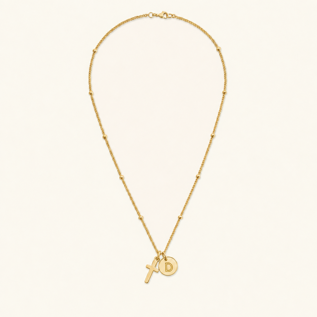 Selah Cross Initial Gold Necklace — Letter D
