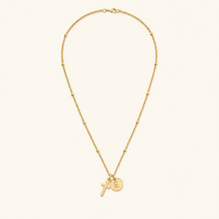 Selah Cross Initial Gold Necklace — Letter E