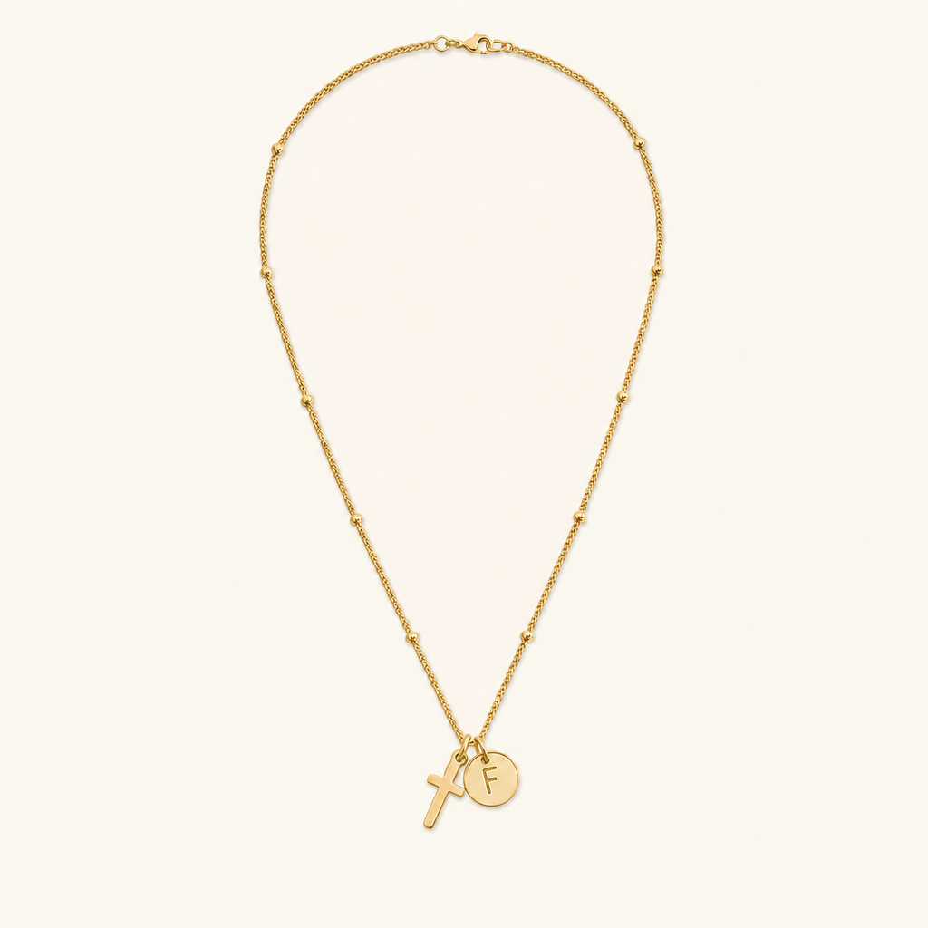 Selah Cross Initial Gold Necklace — Letter F