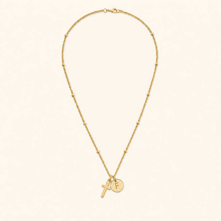 Selah Cross Initial Gold Necklace — Letter F