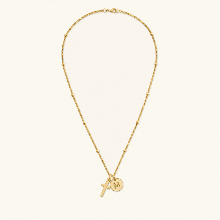Selah Cross Initial Gold Necklace — Letter M
