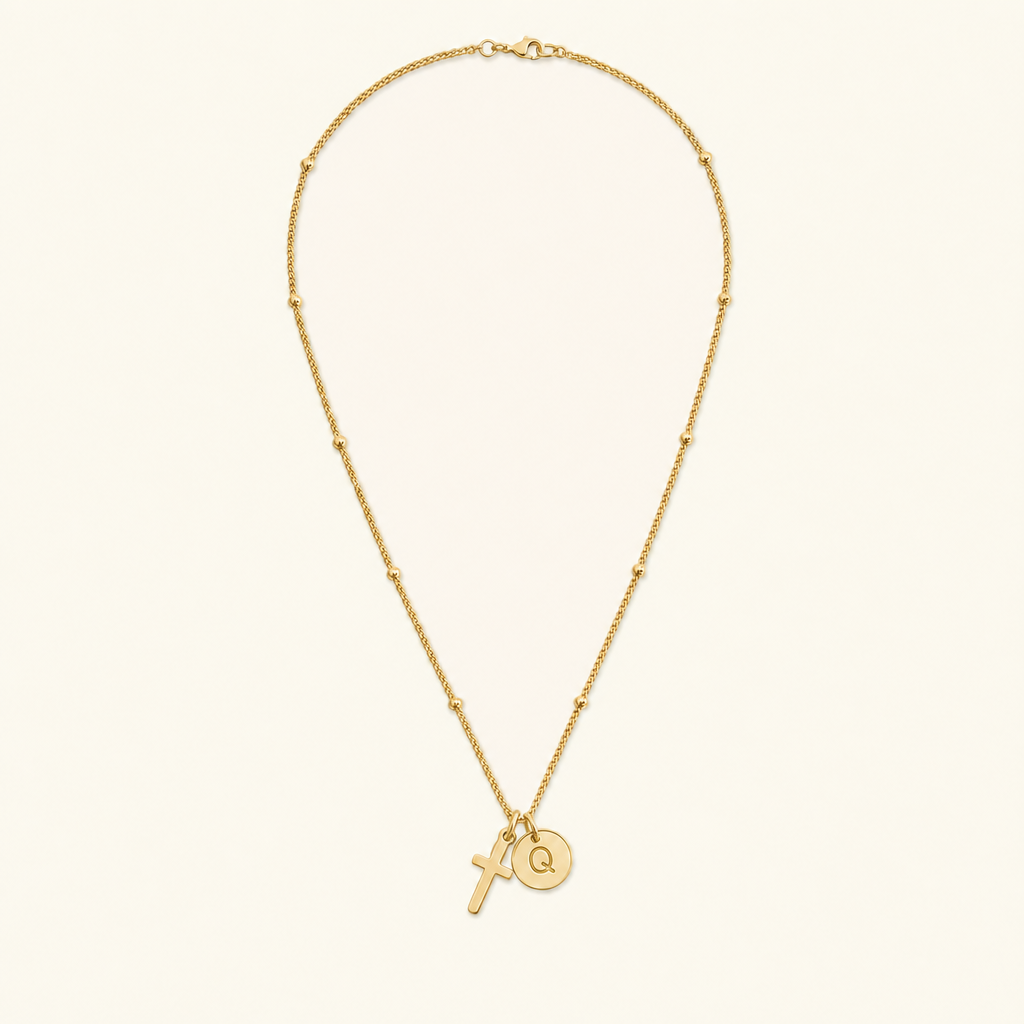Selah Cross Initial Gold Necklace — Letter Q