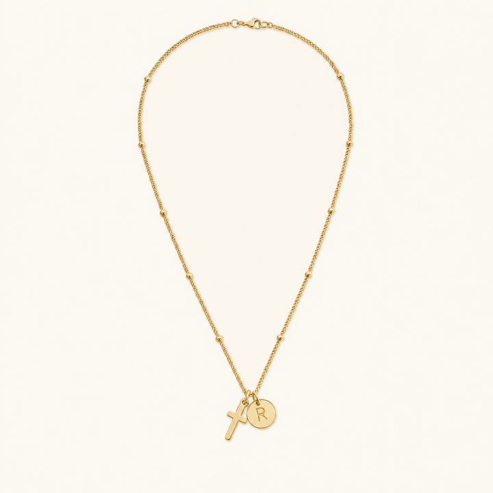 Selah Cross Initial Gold Necklace — Letter R