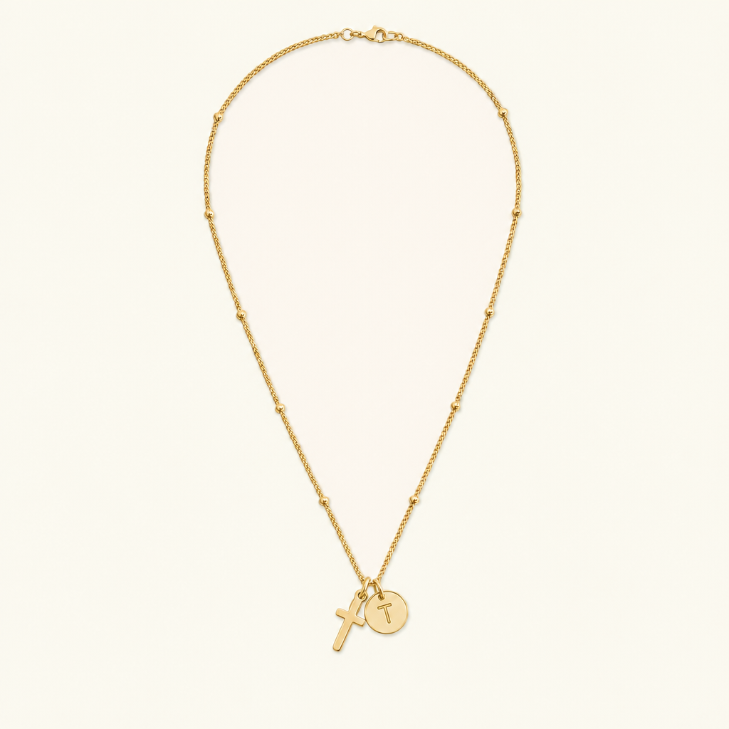 Selah Cross Initial Gold Necklace — Letter T