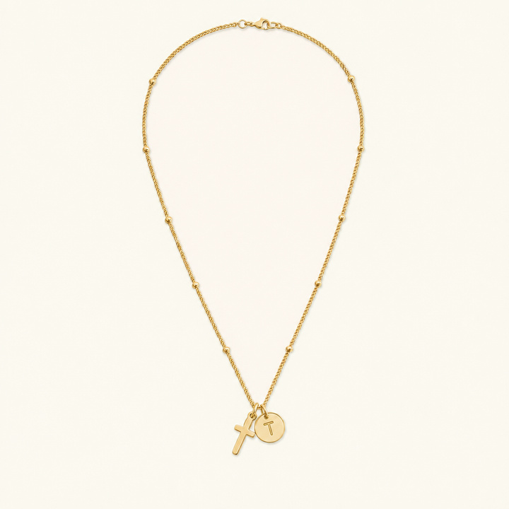 Selah Cross Initial Gold Necklace — Letter T